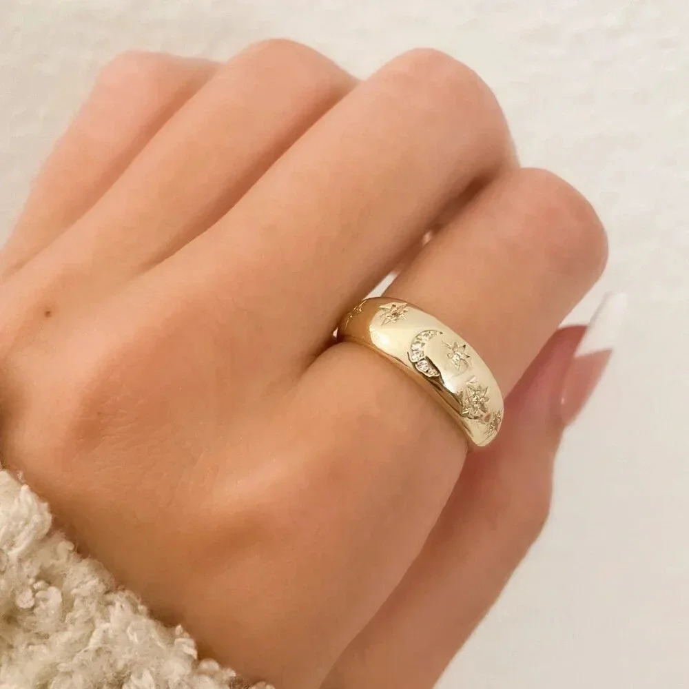 925 Sterling Silver Dainty Gold Moon & Star Dome Ring Minimalist Ring Band